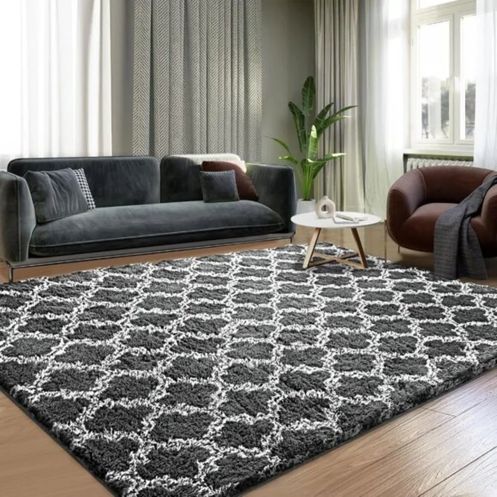 New 5x7 Shag Area Rug, Extra Soft High Pile Geometric Carpet in Dark Grey/White